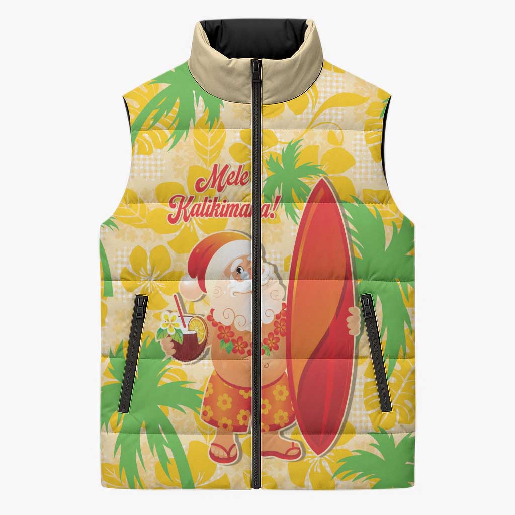 Aloha Hawaii Christmas Sleeveless Puffer Jacket Mele Kalikimaka Funny Santa Palaka Quilt Motifs LT14 Unisex Yellow - Polynesian Pride