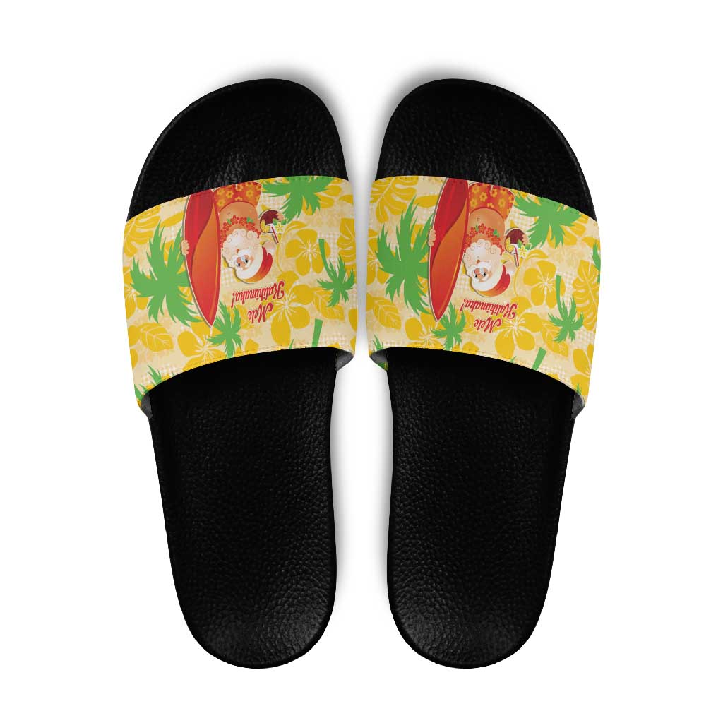 Aloha Hawaii Christmas Slide Sandals Mele Kalikimaka Funny Santa Palaka Quilt Motifs LT14 Yellow - Polynesian Pride