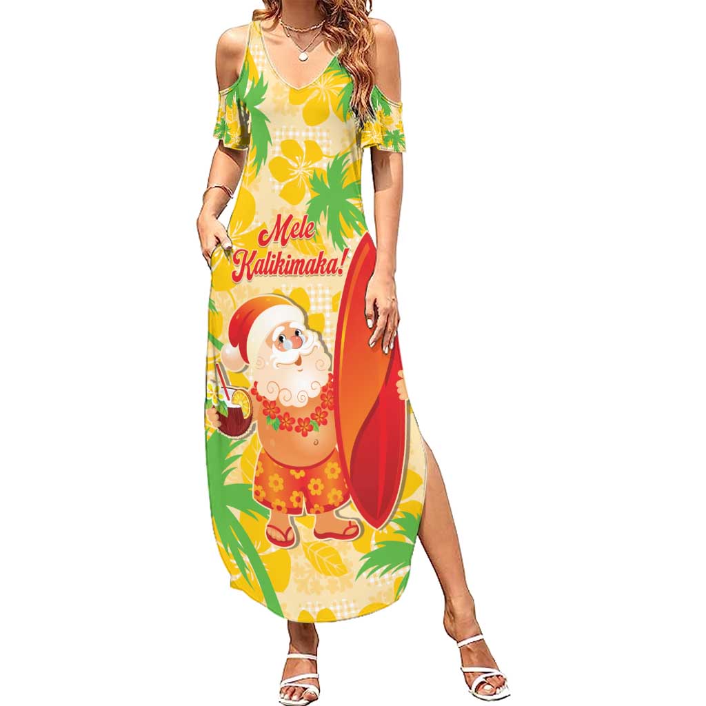 Aloha Hawaii Christmas Summer Maxi Dress Mele Kalikimaka Funny Santa Palaka Quilt Motifs LT14 Women Yellow - Polynesian Pride