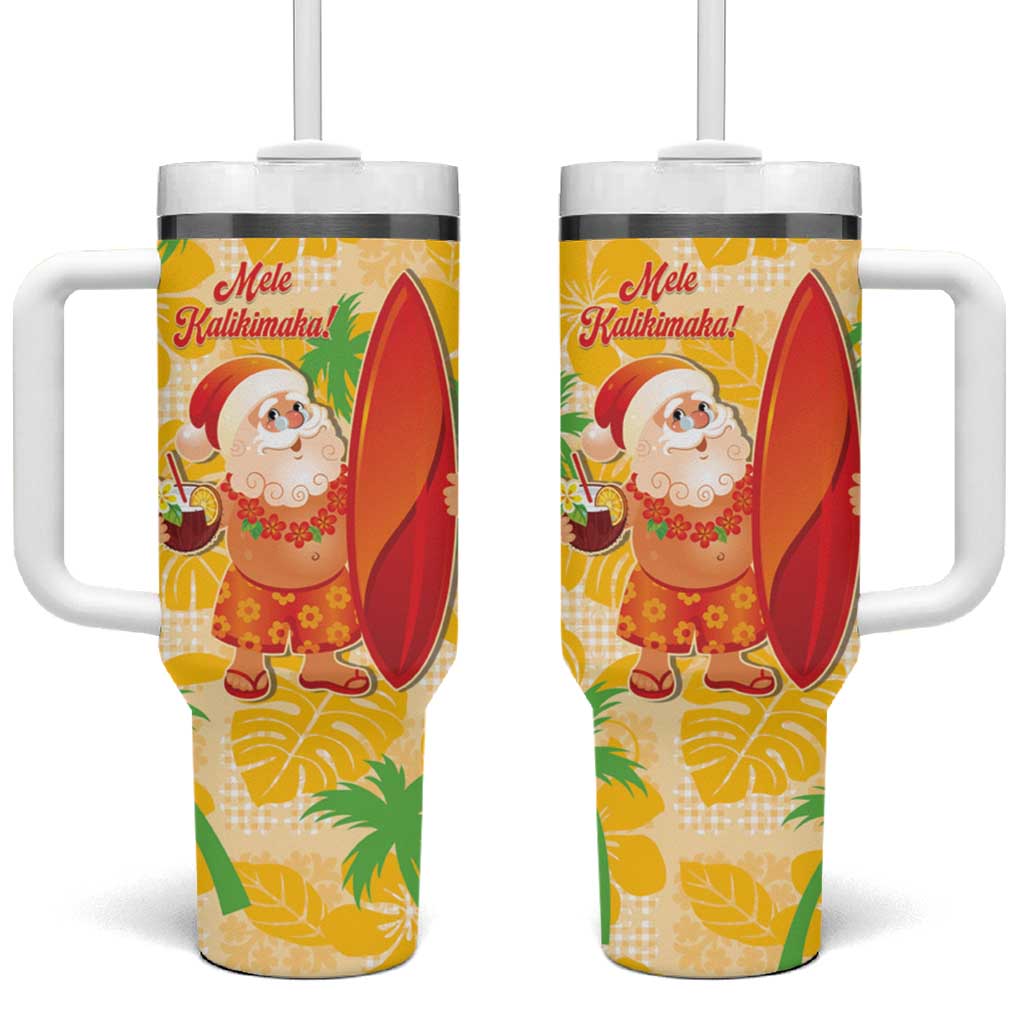 Aloha Hawaii Christmas Tumbler With Handle Mele Kalikimaka Funny Santa Palaka Quilt Motifs LT14 One Size: 40 oz Yellow - Polynesian Pride