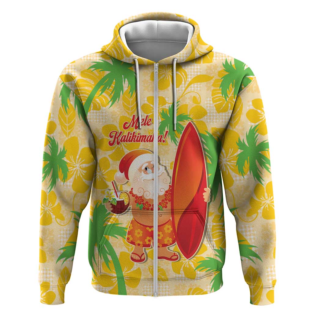 Aloha Hawaii Christmas Zip Hoodie Mele Kalikimaka Funny Santa Palaka Quilt Motifs LT14 Zip Hoodie Yellow - Polynesian Pride