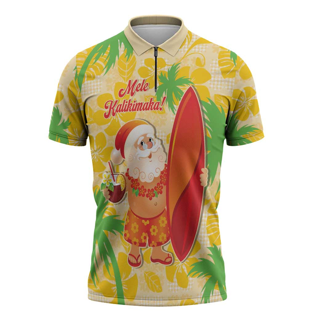 Aloha Hawaii Christmas Zipper Polo Shirt Mele Kalikimaka Funny Santa Palaka Quilt Motifs LT14 Yellow - Polynesian Pride