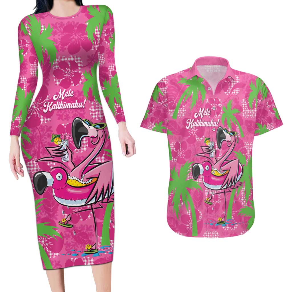 Aloha Hawaii Christmas Couples Matching Long Sleeve Bodycon Dress and Hawaiian Shirt Mele Kalikimaka Chill Flamingo Palaka Quilt Motifs LT14 Pink - Polynesian Pride