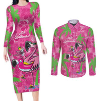 Aloha Hawaii Christmas Couples Matching Long Sleeve Bodycon Dress and Long Sleeve Button Shirt Mele Kalikimaka Chill Flamingo Palaka Quilt Motifs LT14 Pink - Polynesian Pride