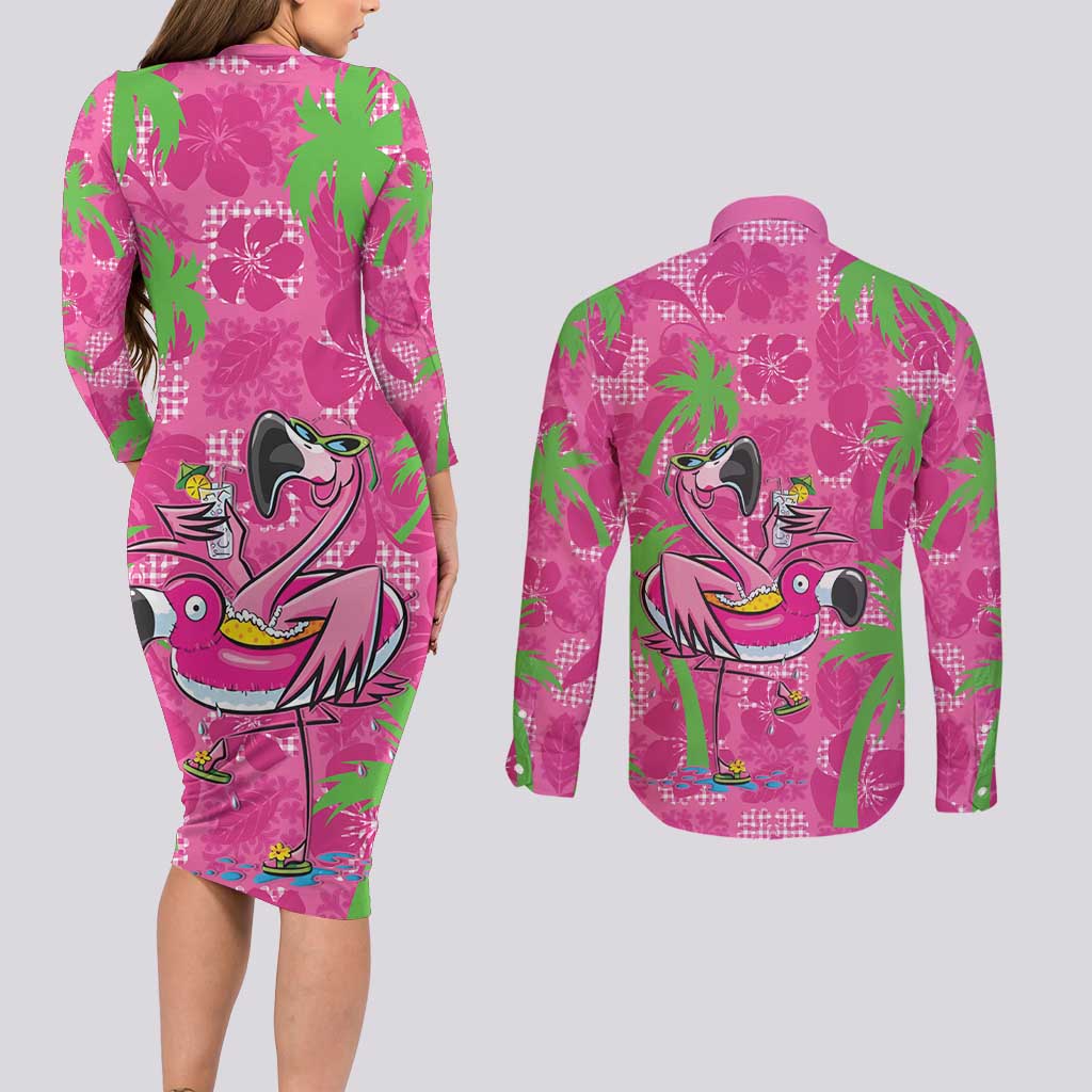 Aloha Hawaii Christmas Couples Matching Long Sleeve Bodycon Dress and Long Sleeve Button Shirt Mele Kalikimaka Chill Flamingo Palaka Quilt Motifs LT14 - Polynesian Pride
