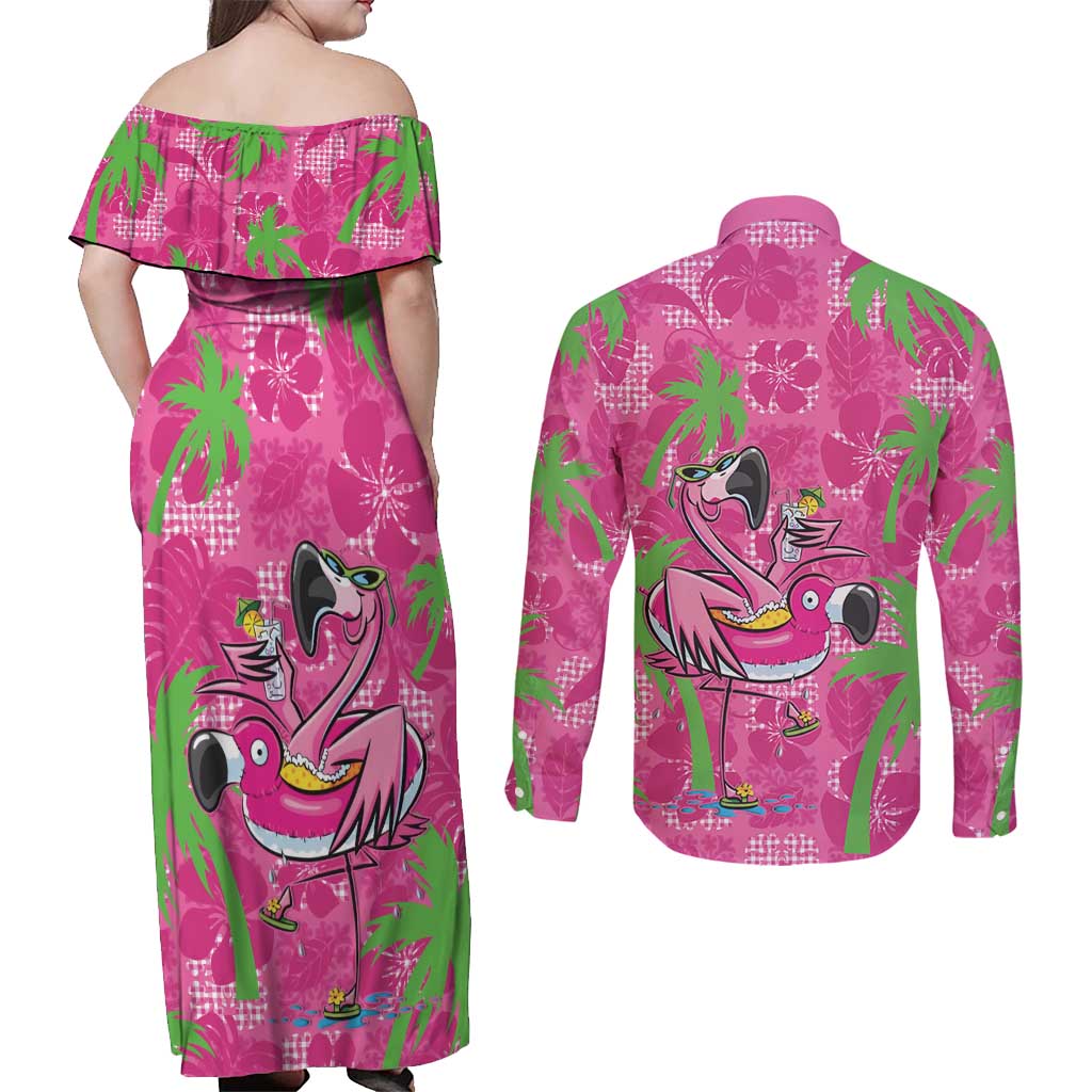Aloha Hawaii Christmas Couples Matching Off Shoulder Maxi Dress and Long Sleeve Button Shirt Mele Kalikimaka Chill Flamingo Palaka Quilt Motifs LT14 - Polynesian Pride