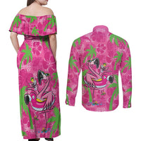 Aloha Hawaii Christmas Couples Matching Off Shoulder Maxi Dress and Long Sleeve Button Shirt Mele Kalikimaka Chill Flamingo Palaka Quilt Motifs LT14 - Polynesian Pride
