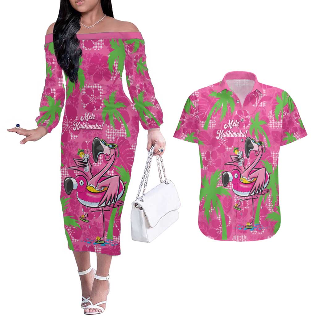 Aloha Hawaii Christmas Couples Matching Off The Shoulder Long Sleeve Dress and Hawaiian Shirt Mele Kalikimaka Chill Flamingo Palaka Quilt Motifs LT14 Pink - Polynesian Pride