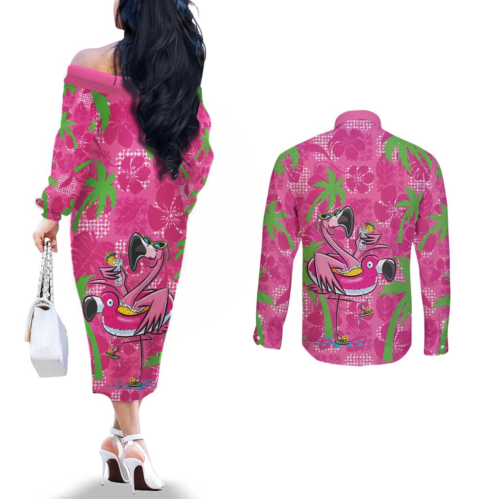 Aloha Hawaii Christmas Couples Matching Off The Shoulder Long Sleeve Dress and Long Sleeve Button Shirt Mele Kalikimaka Chill Flamingo Palaka Quilt Motifs LT14 - Polynesian Pride