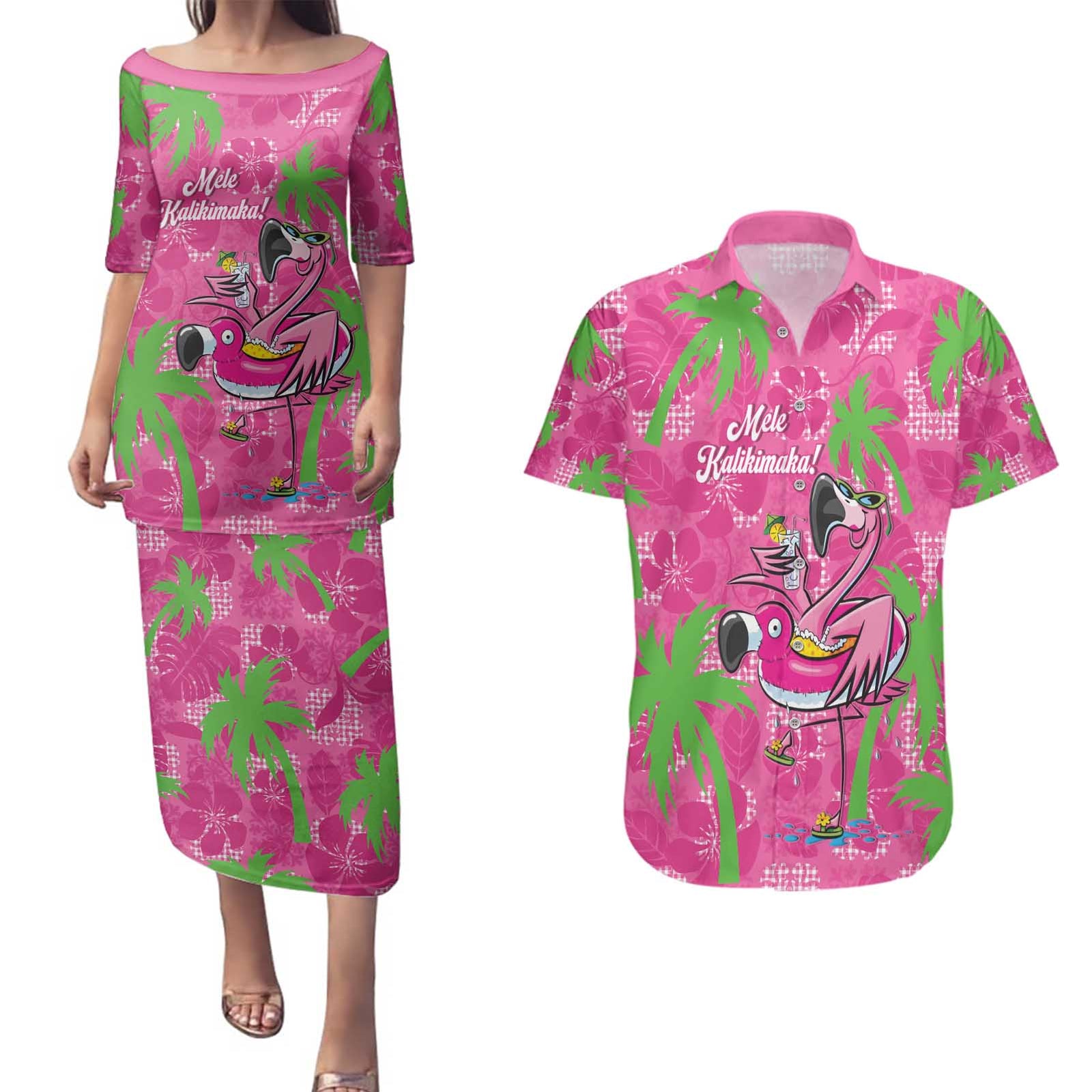 Aloha Hawaii Christmas Couples Matching Puletasi and Hawaiian Shirt Mele Kalikimaka Chill Flamingo Palaka Quilt Motifs - Polynesian Pride