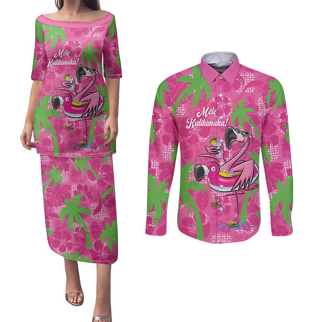 Aloha Hawaii Christmas Couples Matching Puletasi and Long Sleeve Button Shirt Mele Kalikimaka Chill Flamingo Palaka Quilt Motifs - Polynesian Pride