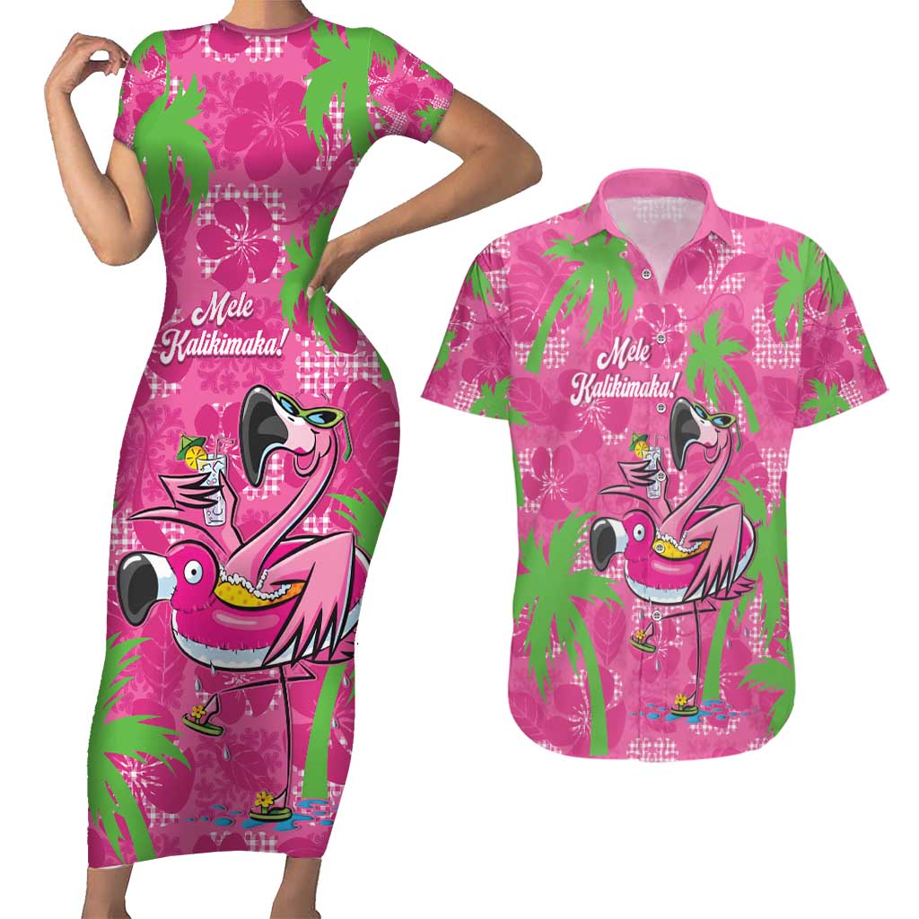 Aloha Hawaii Christmas Couples Matching Short Sleeve Bodycon Dress and Hawaiian Shirt Mele Kalikimaka Chill Flamingo Palaka Quilt Motifs LT14 Pink - Polynesian Pride