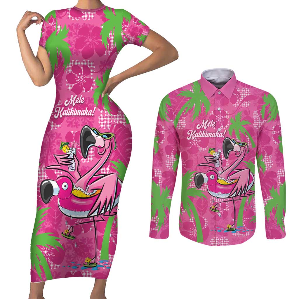 Aloha Hawaii Christmas Couples Matching Short Sleeve Bodycon Dress and Long Sleeve Button Shirt Mele Kalikimaka Chill Flamingo Palaka Quilt Motifs LT14 Pink - Polynesian Pride