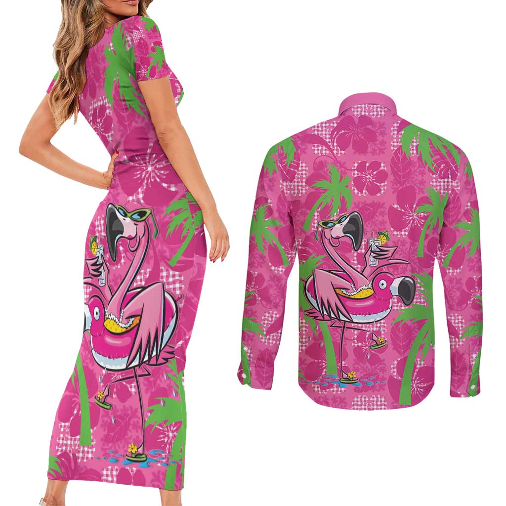 Aloha Hawaii Christmas Couples Matching Short Sleeve Bodycon Dress and Long Sleeve Button Shirt Mele Kalikimaka Chill Flamingo Palaka Quilt Motifs LT14 - Polynesian Pride