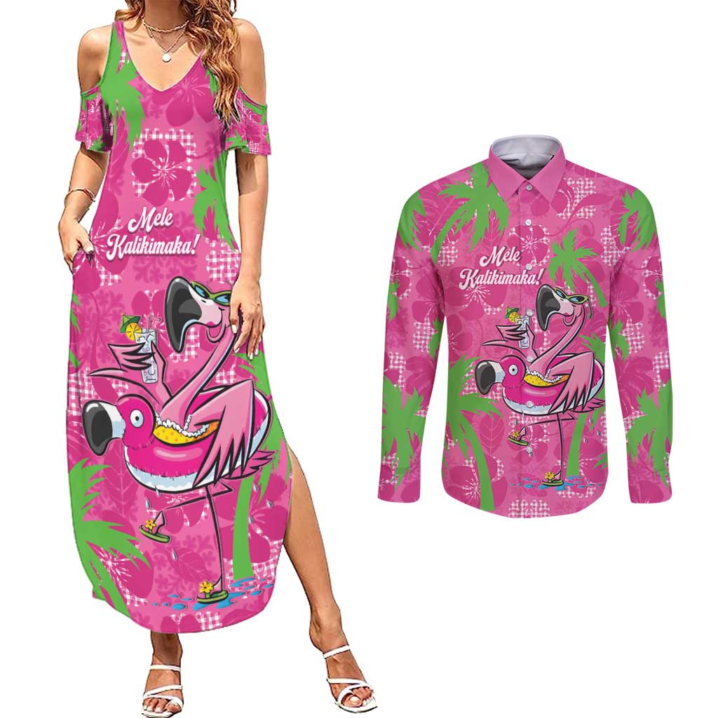 Aloha Hawaii Christmas Couples Matching Summer Maxi Dress and Long Sleeve Button Shirt Mele Kalikimaka Chill Flamingo Palaka Quilt Motifs LT14 Pink - Polynesian Pride