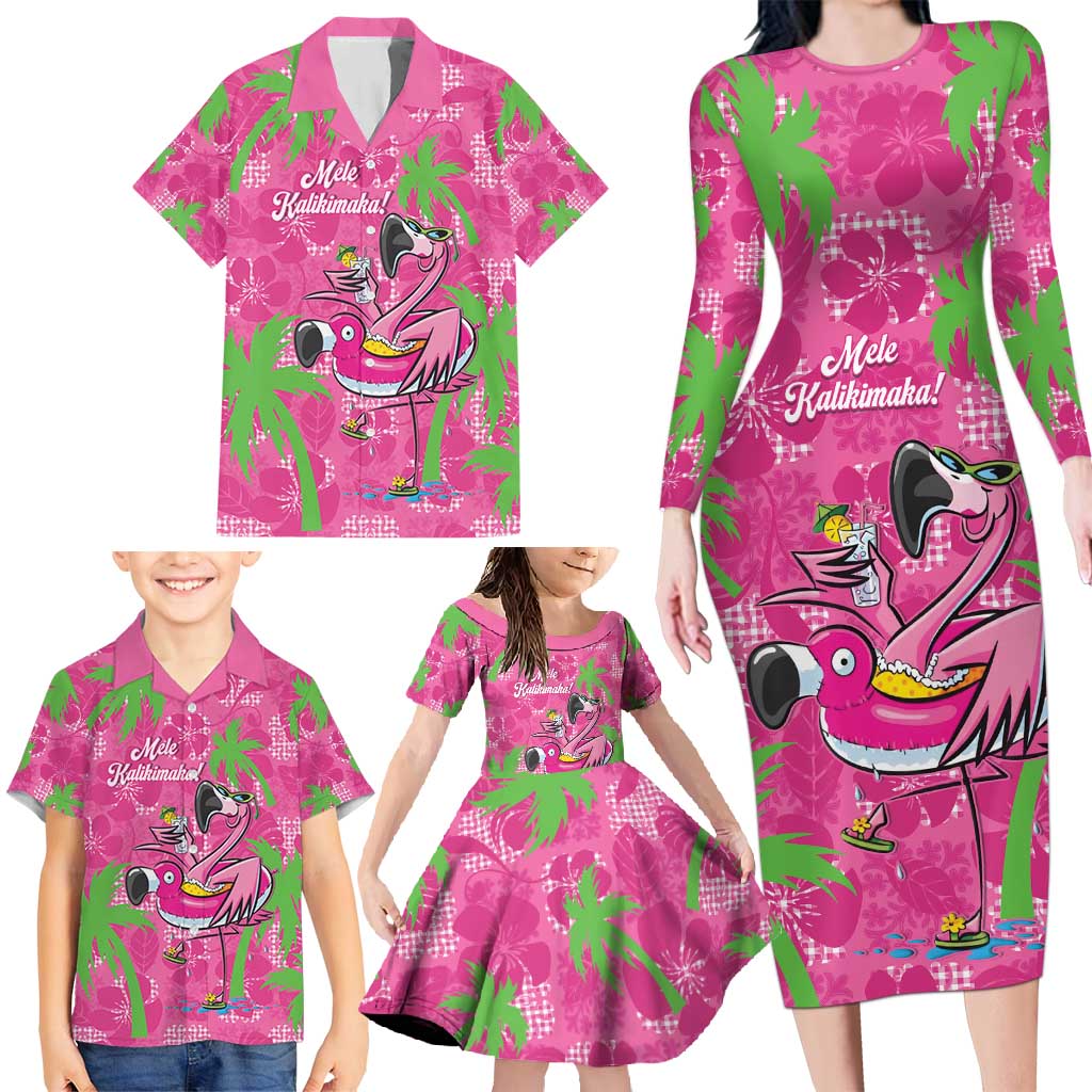 Aloha Hawaii Christmas Family Matching Long Sleeve Bodycon Dress and Hawaiian Shirt Mele Kalikimaka Chill Flamingo Palaka Quilt Motifs LT14 - Polynesian Pride