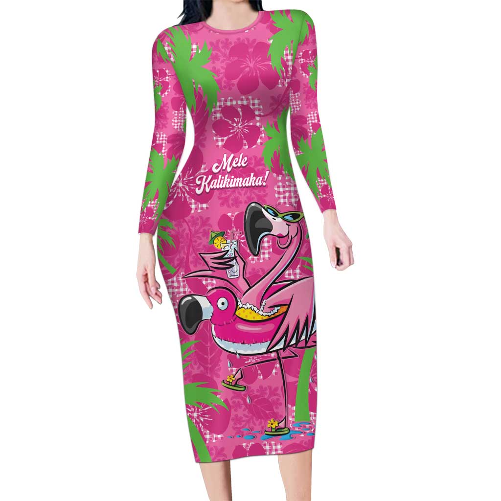 Aloha Hawaii Christmas Family Matching Long Sleeve Bodycon Dress and Hawaiian Shirt Mele Kalikimaka Chill Flamingo Palaka Quilt Motifs LT14 Mom's Dress Pink - Polynesian Pride