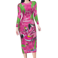 Aloha Hawaii Christmas Family Matching Long Sleeve Bodycon Dress and Hawaiian Shirt Mele Kalikimaka Chill Flamingo Palaka Quilt Motifs LT14 Mom's Dress Pink - Polynesian Pride