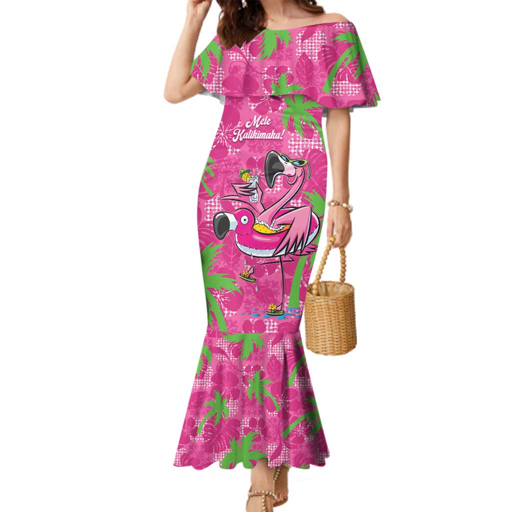 Aloha Hawaii Christmas Family Matching Mermaid Dress and Hawaiian Shirt Mele Kalikimaka Chill Flamingo Palaka Quilt Motifs LT14 Mom's Dress Pink - Polynesian Pride