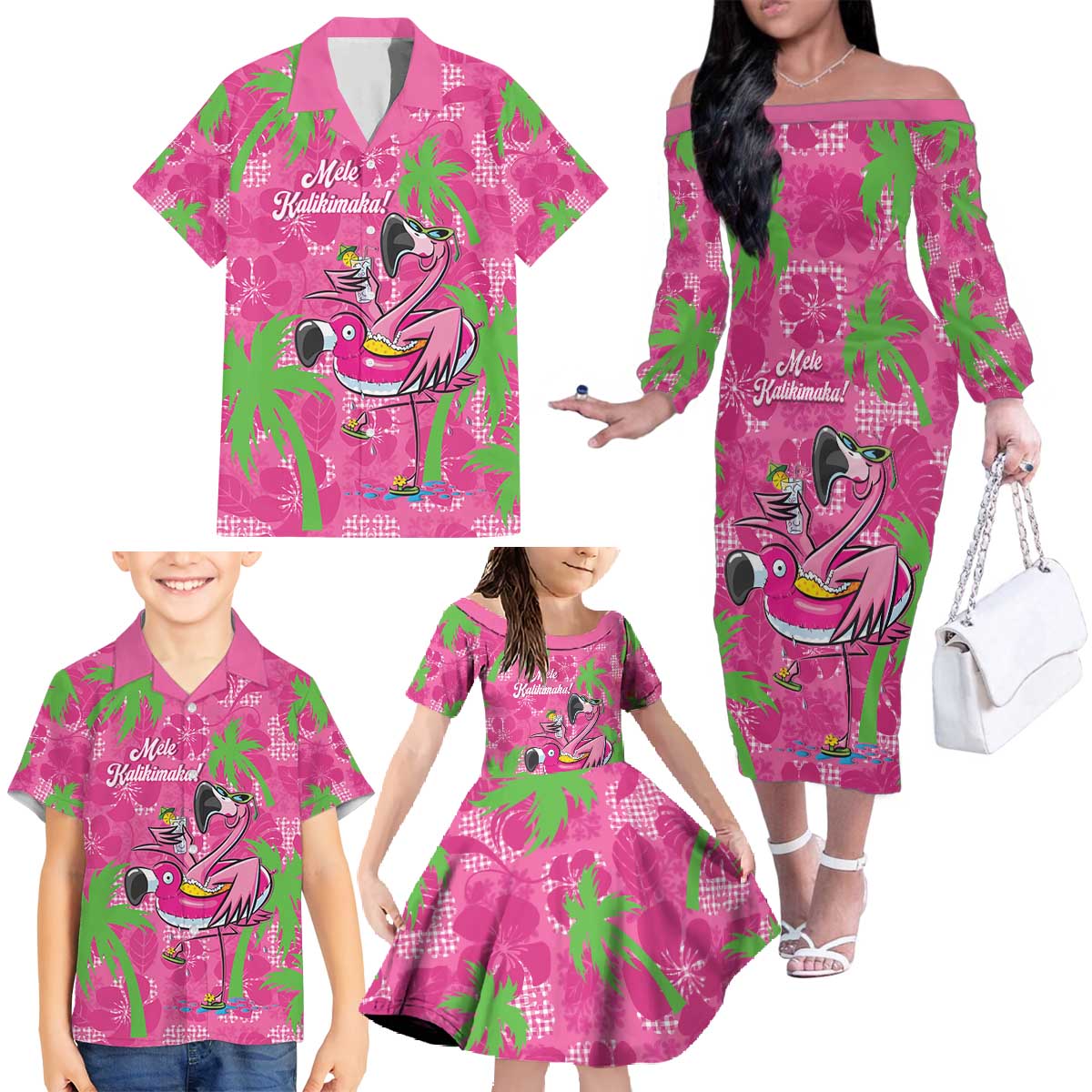 Aloha Hawaii Christmas Family Matching Off The Shoulder Long Sleeve Dress and Hawaiian Shirt Mele Kalikimaka Chill Flamingo Palaka Quilt Motifs LT14 - Polynesian Pride