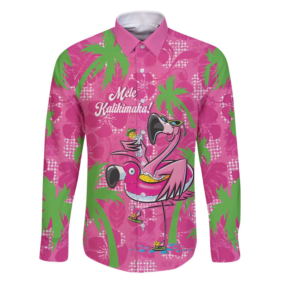 Aloha Hawaii Christmas Family Matching Off The Shoulder Long Sleeve Dress and Hawaiian Shirt Mele Kalikimaka Chill Flamingo Palaka Quilt Motifs LT14 Dad's Shirt - Long Sleeve Pink - Polynesian Pride