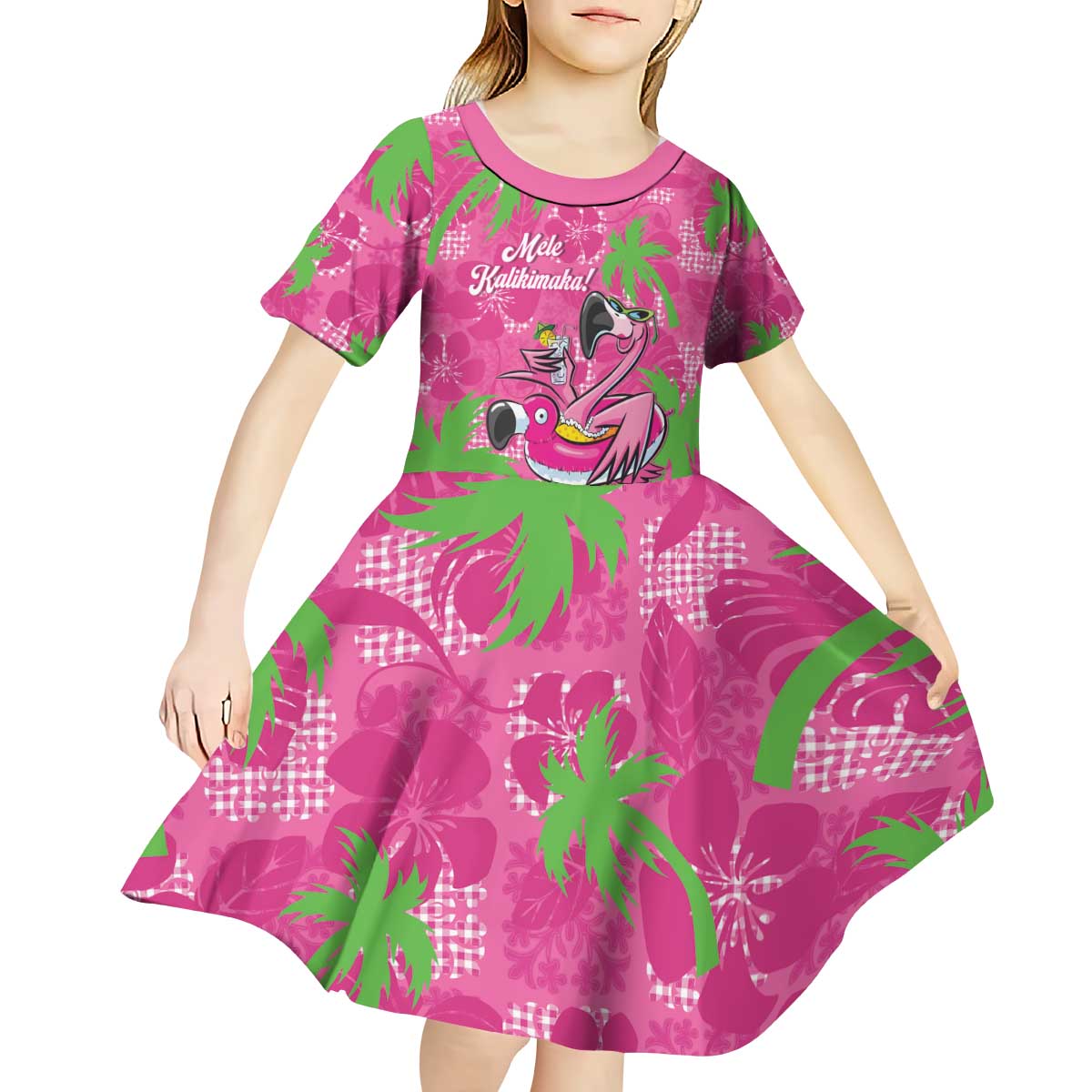 Aloha Hawaii Christmas Kid Short Sleeve Dress Mele Kalikimaka Chill Flamingo Palaka Quilt Motifs LT14 - Polynesian Pride