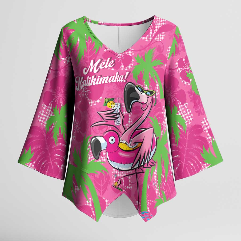 Aloha Hawaii Christmas Kimono Sleeve Blouse Mele Kalikimaka Chill Flamingo Palaka Quilt Motifs LT14 Female Pink - Polynesian Pride