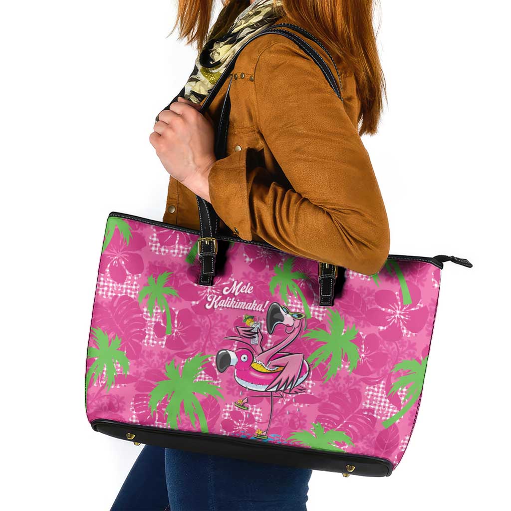 Aloha Hawaii Christmas Leather Tote Bag Mele Kalikimaka Chill Flamingo Palaka Quilt Motifs LT14 Pink - Polynesian Pride