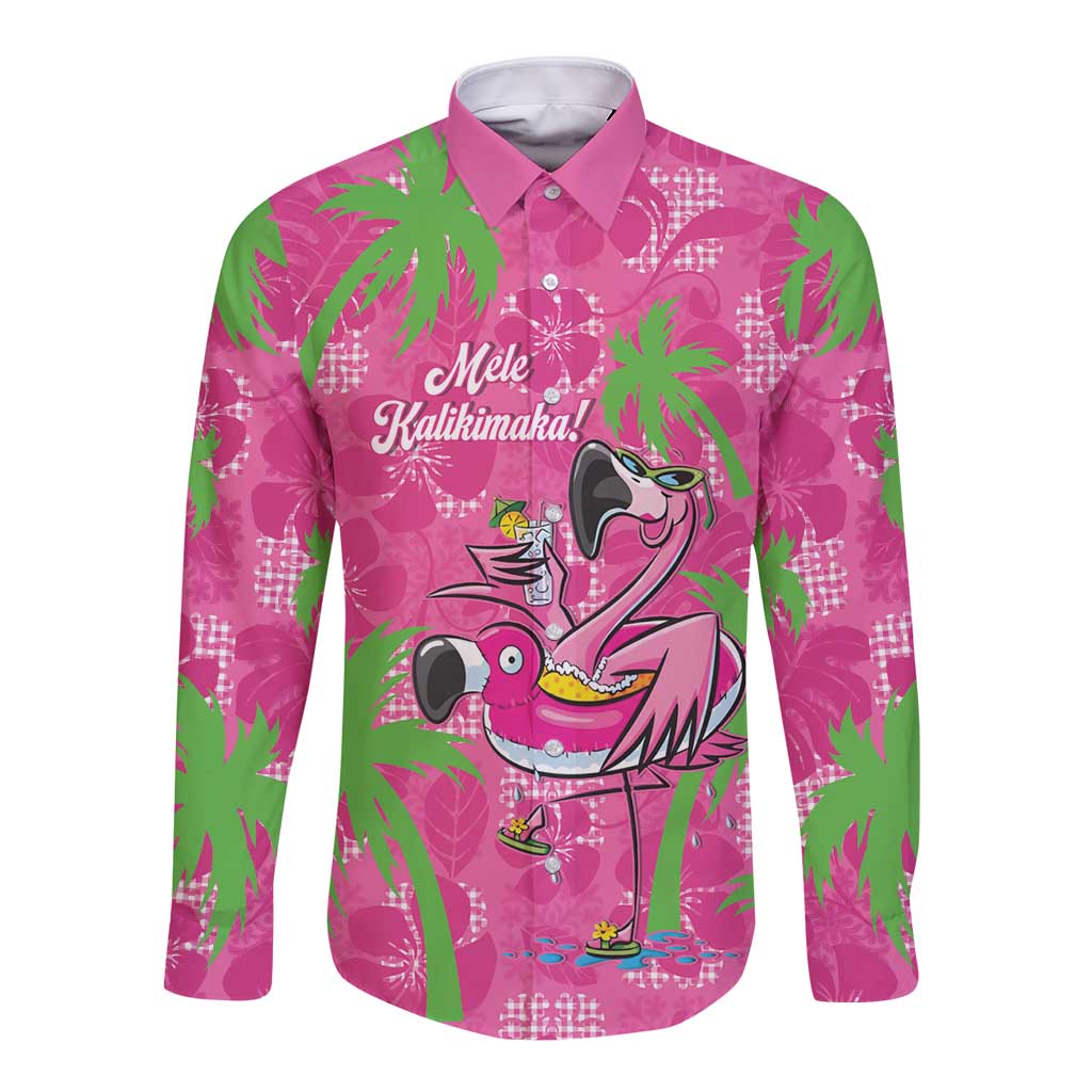 Aloha Hawaii Christmas Long Sleeve Button Shirt Mele Kalikimaka Chill Flamingo Palaka Quilt Motifs LT14 Unisex Pink - Polynesian Pride