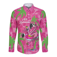 Aloha Hawaii Christmas Long Sleeve Button Shirt Mele Kalikimaka Chill Flamingo Palaka Quilt Motifs LT14 Unisex Pink - Polynesian Pride