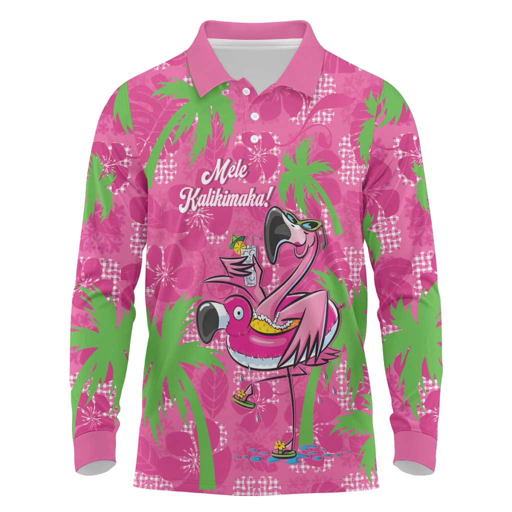 Aloha Hawaii Christmas Long Sleeve Polo Shirt Mele Kalikimaka Chill Flamingo Palaka Quilt Motifs LT14 Pink - Polynesian Pride