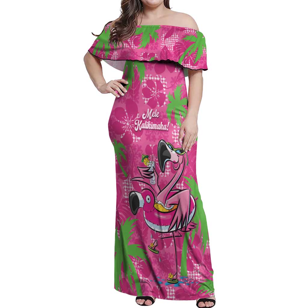 Aloha Hawaii Christmas Off Shoulder Maxi Dress Mele Kalikimaka Chill Flamingo Palaka Quilt Motifs LT14 Women Pink - Polynesian Pride