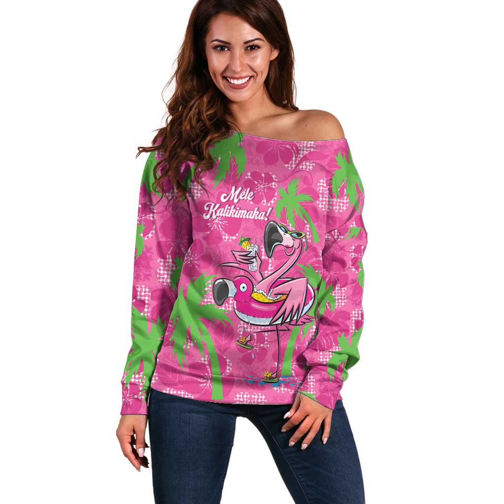 Aloha Hawaii Christmas Off Shoulder Sweater Mele Kalikimaka Chill Flamingo Palaka Quilt Motifs LT14 Women Pink - Polynesian Pride