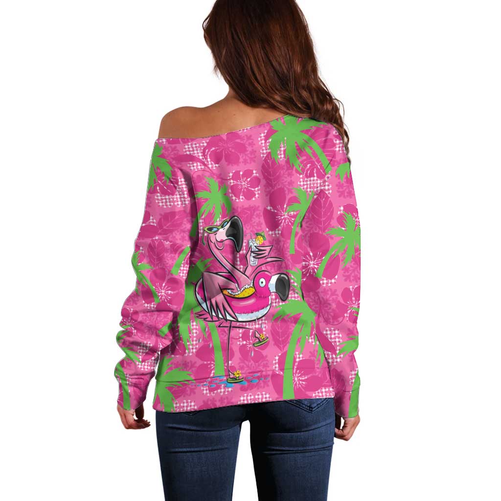 Aloha Hawaii Christmas Off Shoulder Sweater Mele Kalikimaka Chill Flamingo Palaka Quilt Motifs LT14 - Polynesian Pride