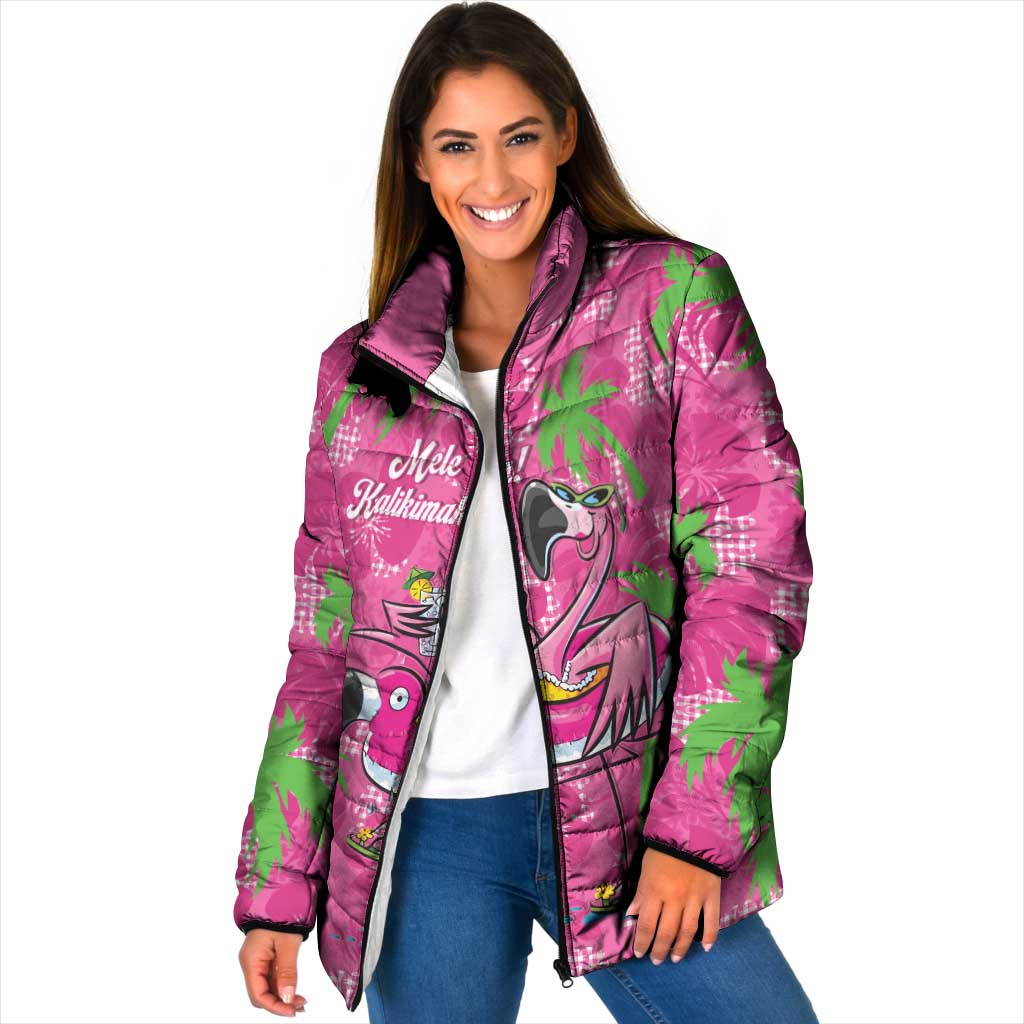 Aloha Hawaii Christmas Padded Jacket Mele Kalikimaka Chill Flamingo Palaka Quilt Motifs LT14 Women Pink - Polynesian Pride
