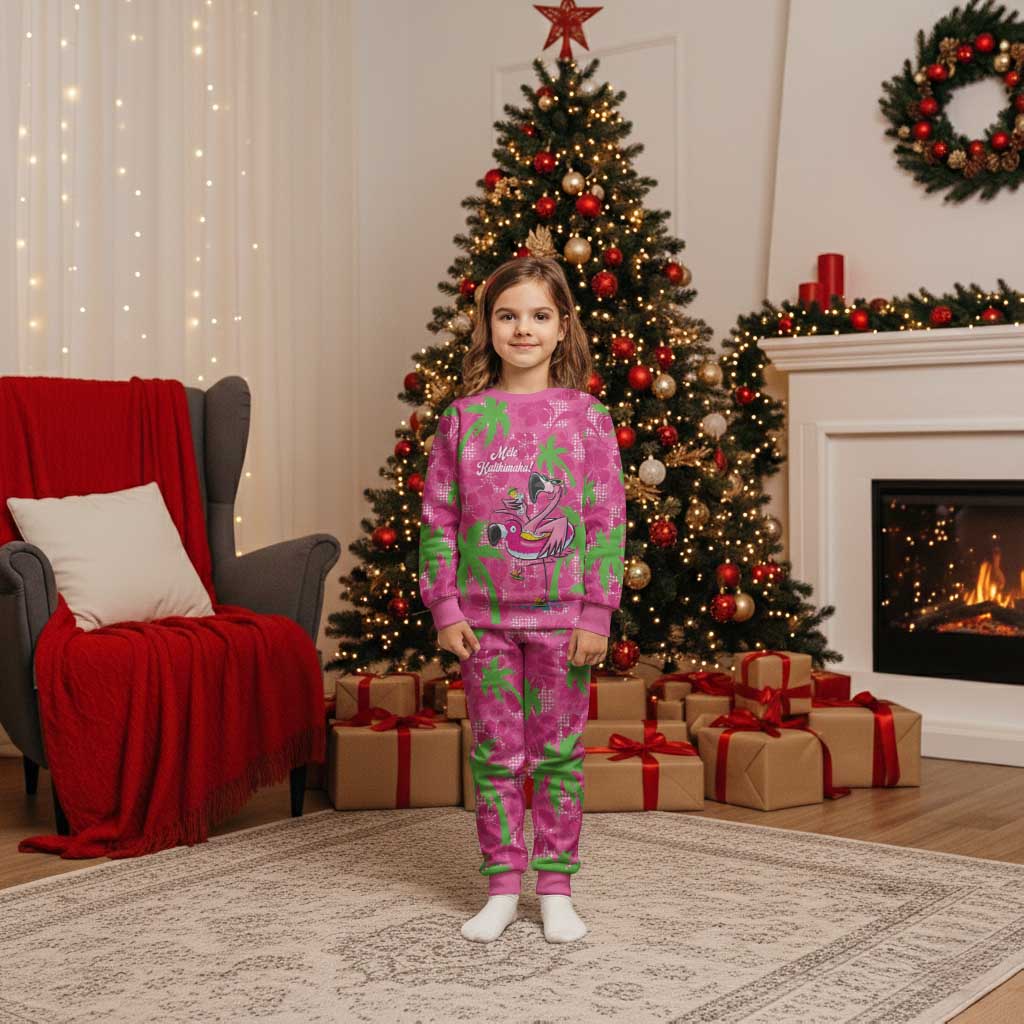 Aloha Hawaii Christmas Pajama Set Mele Kalikimaka Chill Flamingo Palaka Quilt Motifs LT14 Kid Pink - Polynesian Pride