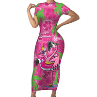 Aloha Hawaii Christmas Short Sleeve Bodycon Dress Mele Kalikimaka Chill Flamingo Palaka Quilt Motifs LT14 Long Dress Pink - Polynesian Pride