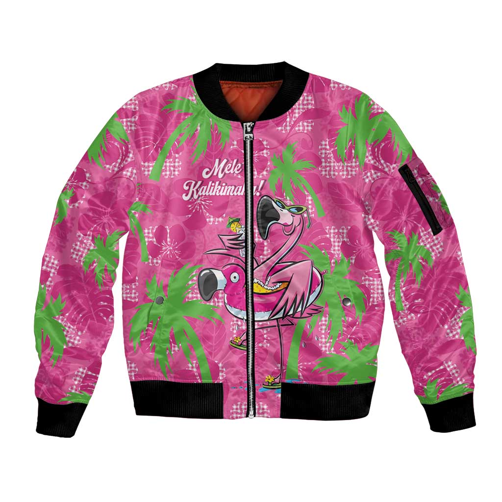 Aloha Hawaii Christmas Sleeve Zip Bomber Jacket Mele Kalikimaka Chill Flamingo Palaka Quilt Motifs LT14 Unisex Pink - Polynesian Pride