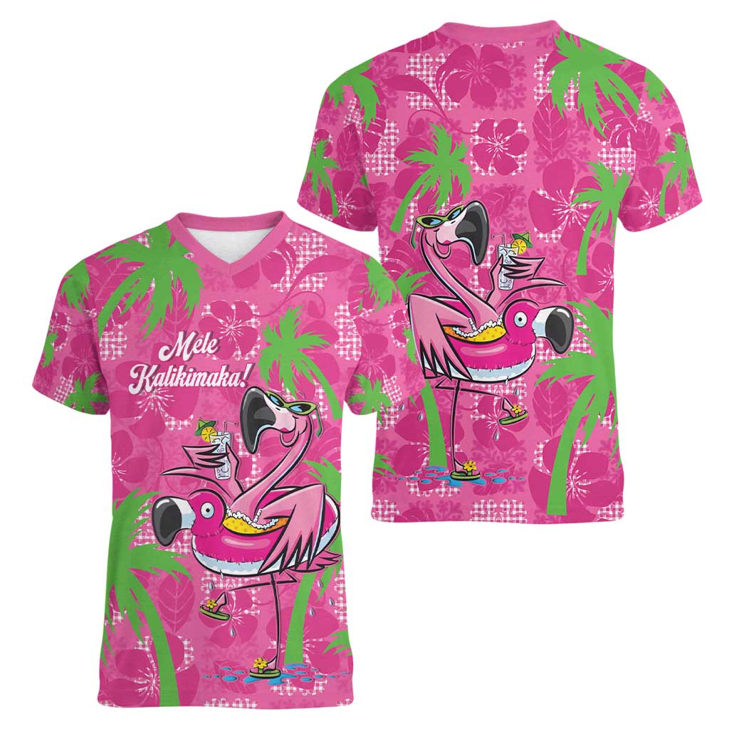 Aloha Hawaii Christmas Women V-Neck T-Shirt Mele Kalikimaka Chill Flamingo Palaka Quilt Motifs LT14 - Polynesian Pride