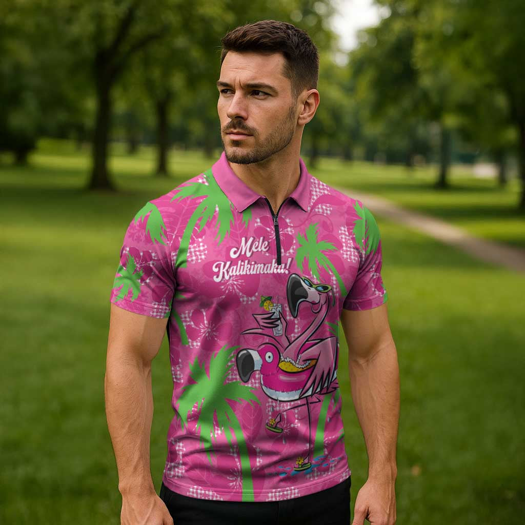Aloha Hawaii Christmas Zipper Polo Shirt Mele Kalikimaka Chill Flamingo Palaka Quilt Motifs LT14 - Polynesian Pride