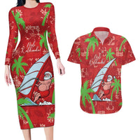 Aloha Hawaii Christmas Couples Matching Long Sleeve Bodycon Dress and Hawaiian Shirt Mele Kalikimaka Windsurfing Santa Palaka Quilt Motifs LT14 Red - Polynesian Pride