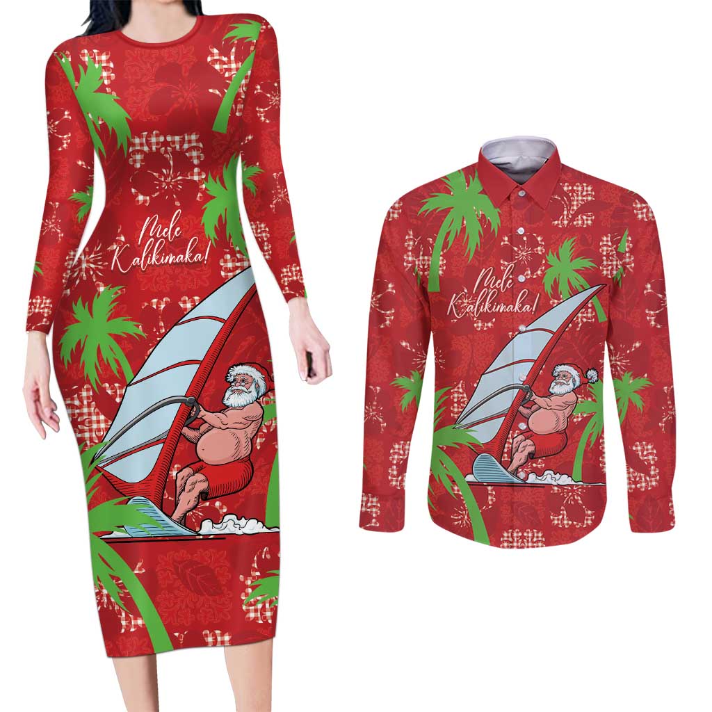 Aloha Hawaii Christmas Couples Matching Long Sleeve Bodycon Dress and Long Sleeve Button Shirt Mele Kalikimaka Windsurfing Santa Palaka Quilt Motifs LT14 Red - Polynesian Pride