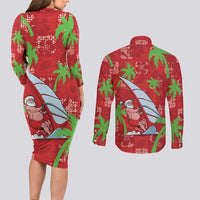Aloha Hawaii Christmas Couples Matching Long Sleeve Bodycon Dress and Long Sleeve Button Shirt Mele Kalikimaka Windsurfing Santa Palaka Quilt Motifs LT14 - Polynesian Pride