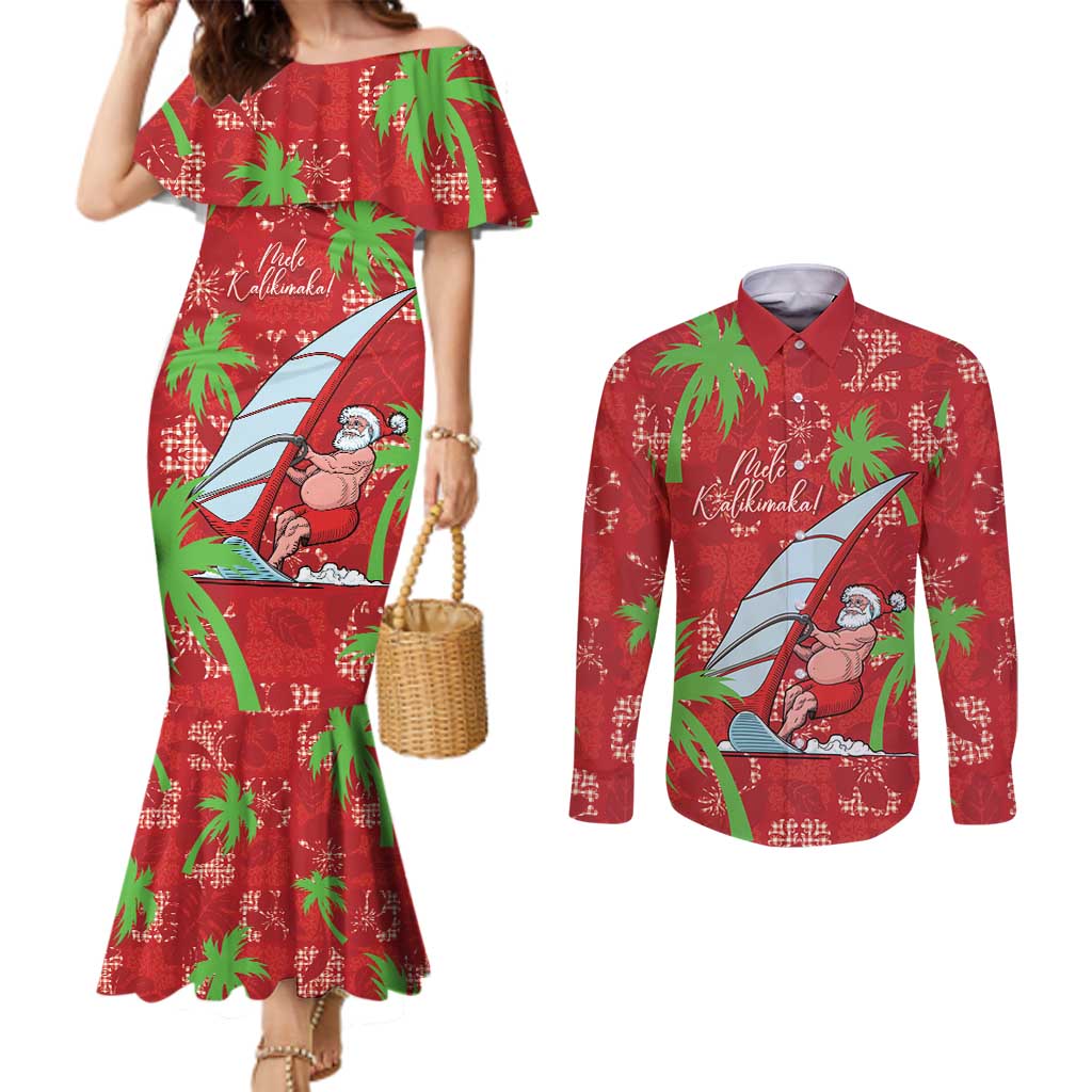 Aloha Hawaii Christmas Couples Matching Mermaid Dress and Long Sleeve Button Shirt Mele Kalikimaka Windsurfing Santa Palaka Quilt Motifs LT14 Red - Polynesian Pride