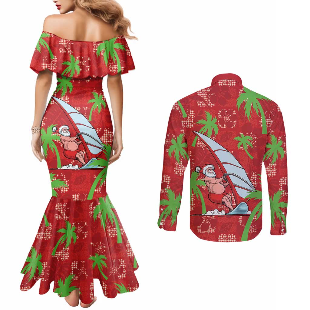 Aloha Hawaii Christmas Couples Matching Mermaid Dress and Long Sleeve Button Shirt Mele Kalikimaka Windsurfing Santa Palaka Quilt Motifs LT14 - Polynesian Pride