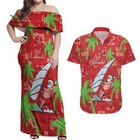 Aloha Hawaii Christmas Couples Matching Off Shoulder Maxi Dress and Hawaiian Shirt Mele Kalikimaka Windsurfing Santa Palaka Quilt Motifs LT14 Red - Polynesian Pride