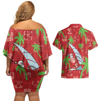 Aloha Hawaii Christmas Couples Matching Off Shoulder Short Dress and Hawaiian Shirt Mele Kalikimaka Windsurfing Santa Palaka Quilt Motifs LT14 - Polynesian Pride