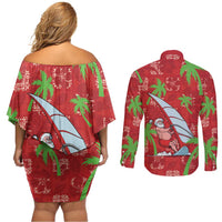 Aloha Hawaii Christmas Couples Matching Off Shoulder Short Dress and Long Sleeve Button Shirt Mele Kalikimaka Windsurfing Santa Palaka Quilt Motifs LT14 - Polynesian Pride
