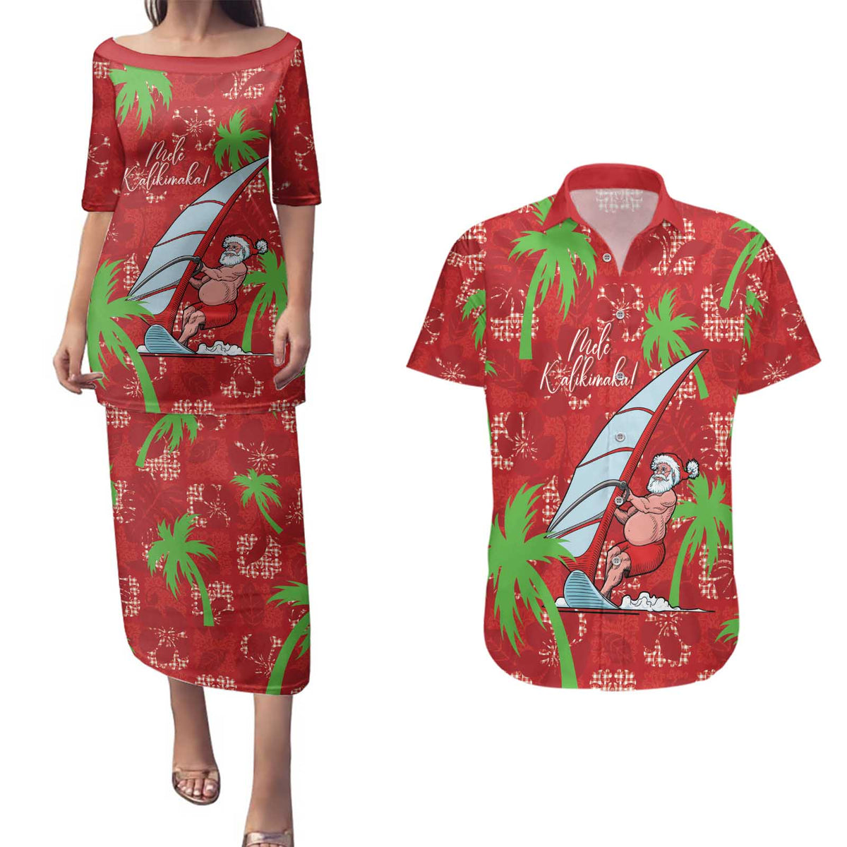 Aloha Hawaii Christmas Couples Matching Puletasi and Hawaiian Shirt Mele Kalikimaka Windsurfing Santa Palaka Quilt Motifs LT14 Red - Polynesian Pride