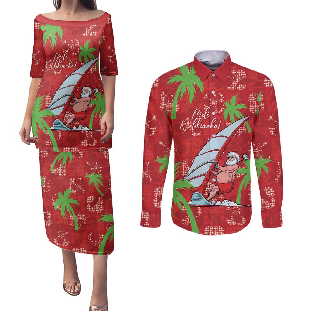Aloha Hawaii Christmas Couples Matching Puletasi and Long Sleeve Button Shirt Mele Kalikimaka Windsurfing Santa Palaka Quilt Motifs - Polynesian Pride
